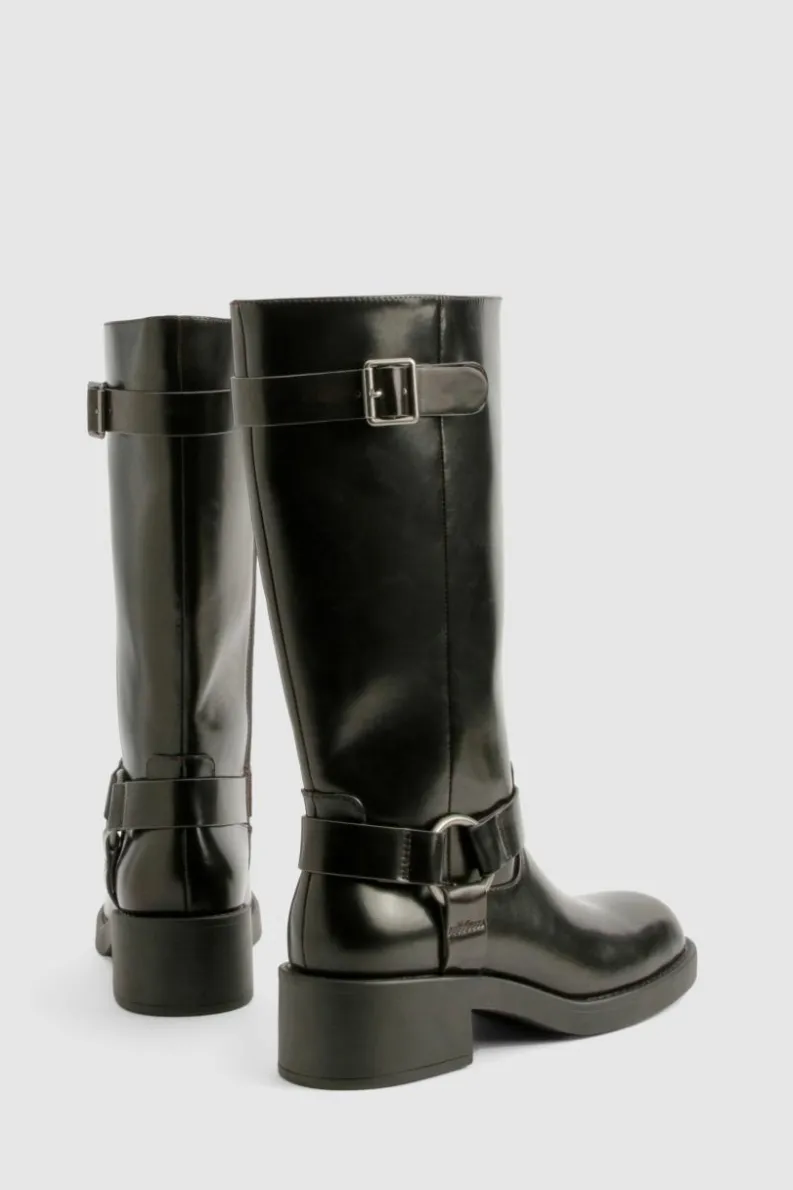 Over The Knee Boots|Knee High Boots*boohoo Vintage Look Harness Detail Biker Knee High Boot brown