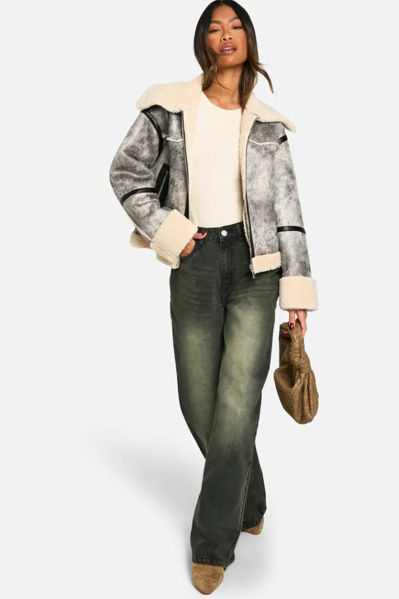 Up To 80% Off Winter Warmers|Aviator Jackets*boohoo Vintage Look Teddy Trim Aviator Jacket grey