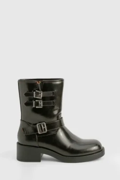 Biker Boots*boohoo Vintage Style Buckle Detail Biker Boot brown