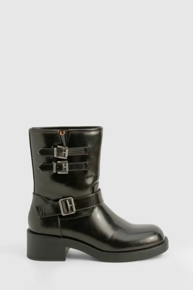 Biker Boots*boohoo Vintage Style Buckle Detail Biker Boot brown