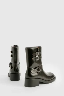 Biker Boots*boohoo Vintage Style Buckle Detail Biker Boot brown