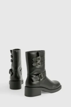 Biker Boots|All Boots*boohoo Vintage Style Buckle Detail Biker Boot black