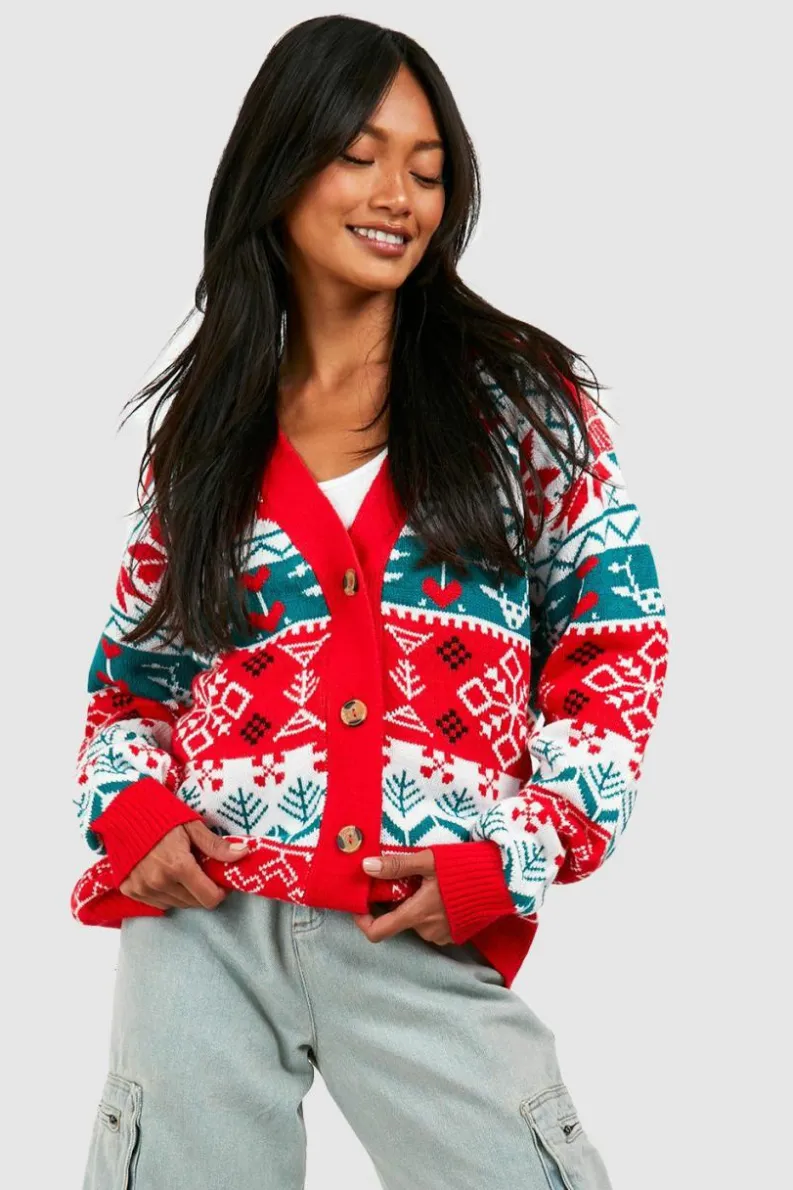 Cardigans*boohoo Vintage Style Christmas Cardigan red