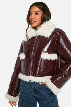 Up To 80% Off Winter Warmers|Aviator Jackets*boohoo Vinyl Faux Fur Trim Jacket burgundy