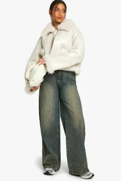 Up To 80% Off Winter Warmers|Aviator Jackets*boohoo Vinyl Faux Fur Trim Jacket off white