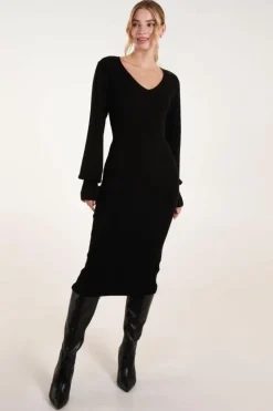 Jumper Dresses|Jumper Dresses*Blue Vanilla V-Neck Ribbed Dress Black