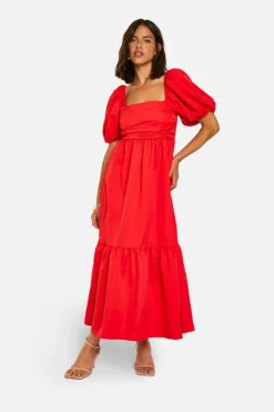 Smock Dresses*boohoo Volume Puff Sleeve Midaxi Dress red