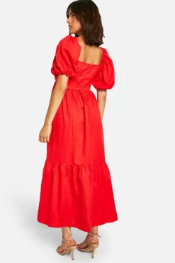 Smock Dresses*boohoo Volume Puff Sleeve Midaxi Dress red