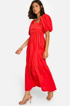Smock Dresses*boohoo Volume Puff Sleeve Midaxi Dress red