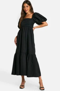 Smock Dresses*boohoo Volume Puff Sleeve Midaxi Dress black