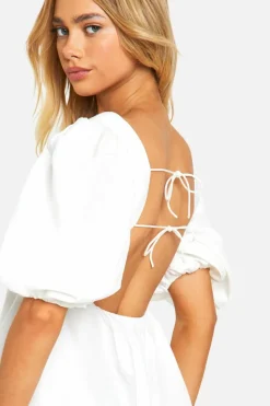Smock Dresses*boohoo Volume Sleeve Tie Back Mini Dress white