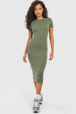 Bodycon Dresses|Midi Dresses*boohoo Washed Rib Short Sleeve Midi Dress khaki