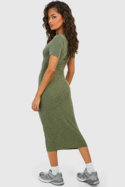 Bodycon Dresses|Midi Dresses*boohoo Washed Rib Short Sleeve Midi Dress khaki