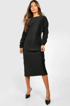 Midi Dresses*boohoo Wave Plisse Rouched Sleeve Midi Dress black