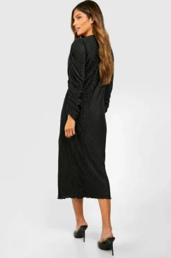 Midi Dresses*boohoo Wave Plisse Rouched Sleeve Midi Dress black