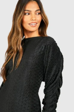 Midi Dresses*boohoo Wave Plisse Rouched Sleeve Midi Dress black