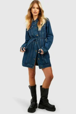 Shirt Dresses*boohoo Western Belted Denim Mini Shirt Dress mid blue
