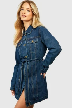 Shirt Dresses*boohoo Western Belted Denim Mini Shirt Dress mid blue