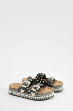 Sandals*boohoo Western Buckle Detail Flatform Sandals black