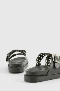 Sandals*boohoo Western Buckle Eyelet Chunky Sliders black