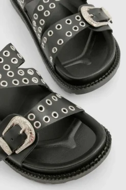 Sandals*boohoo Western Buckle Eyelet Chunky Sliders black