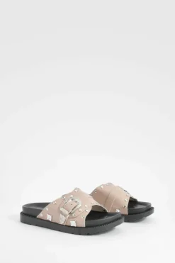 Sandals*boohoo Western Detail Buckle Footbed Sliders taupe
