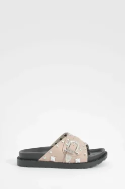 Sandals*boohoo Western Detail Buckle Footbed Sliders taupe