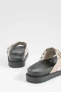 Sandals*boohoo Western Detail Buckle Footbed Sliders taupe