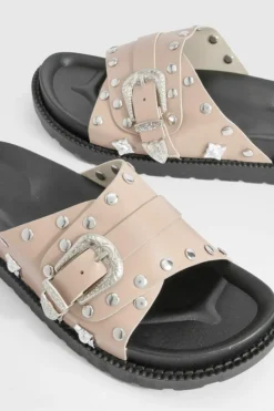 Sandals*boohoo Western Detail Buckle Footbed Sliders taupe