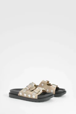 Sandals*boohoo Western Detail Buckle Footbed Buckle Sliders taupe