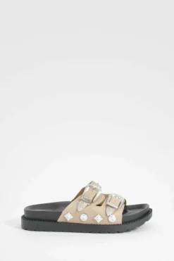 Sandals*boohoo Western Detail Buckle Footbed Buckle Sliders taupe