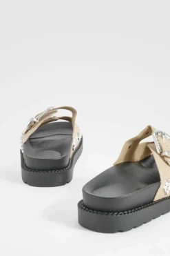 Sandals*boohoo Western Detail Buckle Footbed Buckle Sliders taupe