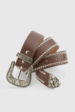 Belts*boohoo Western Silver Studded Belt brown