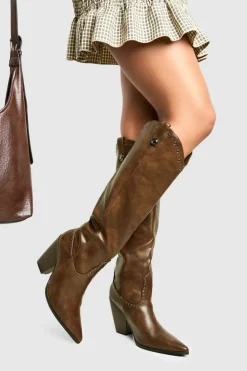 Cowboy Boots|All Boots*boohoo Western Studded Detail Boots chocolate