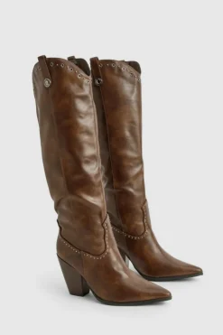 Cowboy Boots|All Boots*boohoo Western Studded Detail Boots chocolate