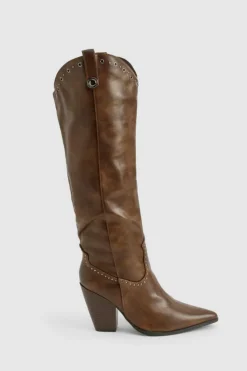 Cowboy Boots|All Boots*boohoo Western Studded Detail Boots chocolate