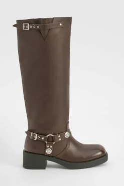 Knee High Boots|Cowboy Boots*boohoo Western Style Buckle Detail Knee High Boots brown