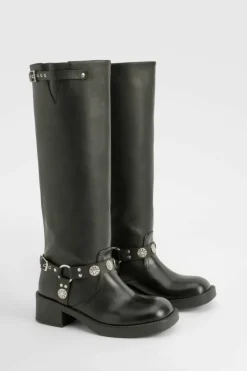 Knee High Boots|Cowboy Boots*boohoo Western Style Buckle Detail Knee High Boots black