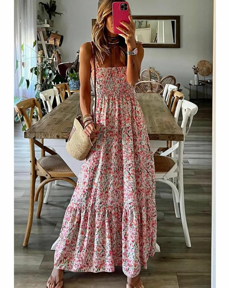Smock Dresses*Azura Exchange Boho Floral Smocked Ruffled Maxi Dress White