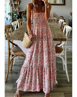 Smock Dresses*Azura Exchange Boho Floral Smocked Ruffled Maxi Dress White