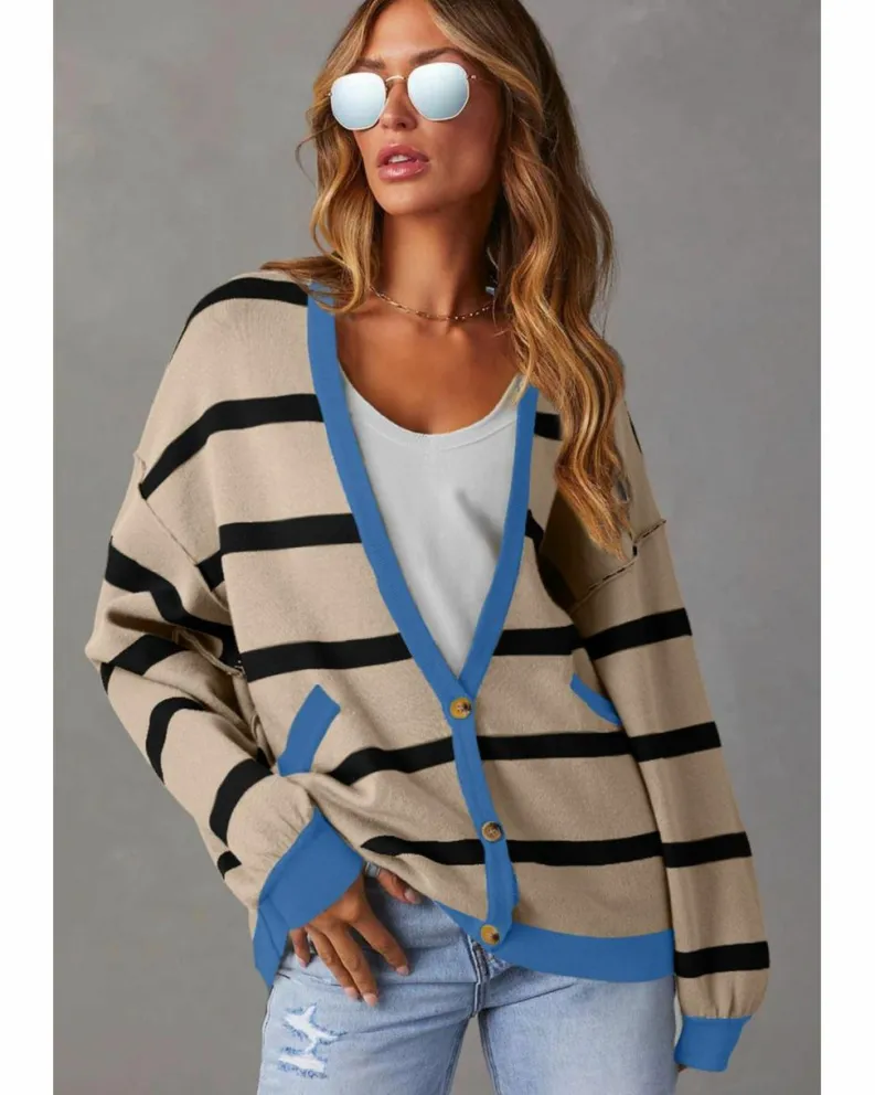 Cardigans*Azura Exchange Colorblock Drop Shoulder Buttoned Loose Cardigan White