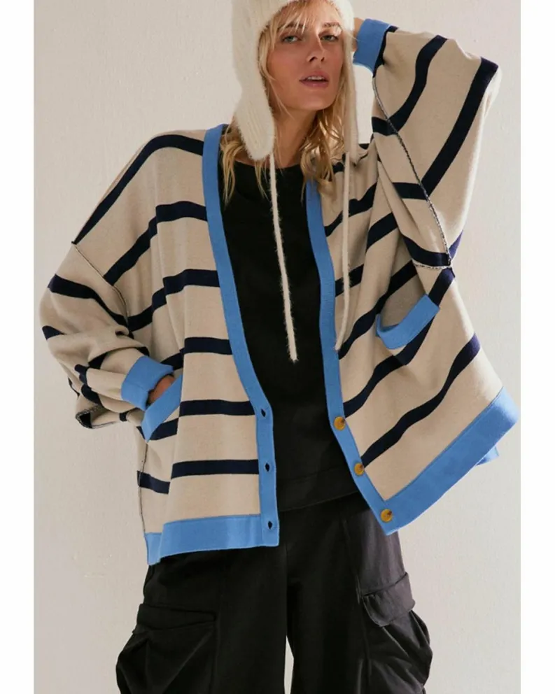 Cardigans*Azura Exchange Colorblock Drop Shoulder Buttoned Loose Cardigan White