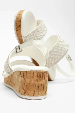Sandals*Quiz Diamante Double Strap Low Wedges White