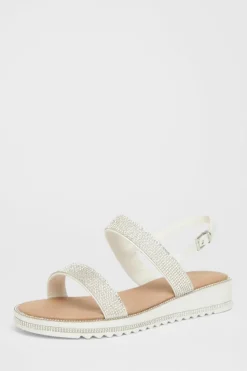 Sandals*Quiz Diamante Flat Sandals White