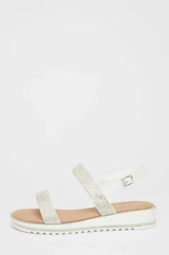 Sandals*Quiz Diamante Flat Sandals White