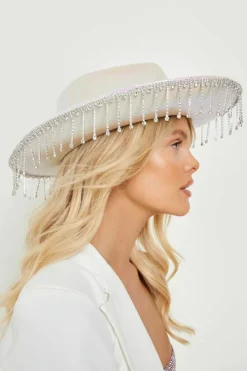 Hats & Gloves|Hats & Gloves*boohoo Diamante Tassel Trim Cowboy Hat white