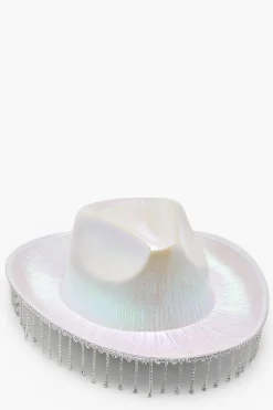Hats & Gloves|Hats & Gloves*boohoo Diamante Tassel Trim Cowboy Hat white