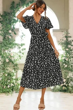 Wrap Dresses*FS Collection White Floral Print Hem Tiered Wrap Midi Dress In Black