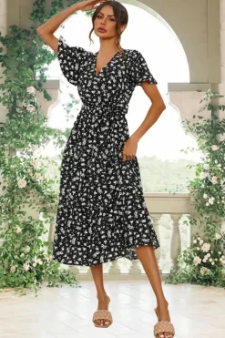 Wrap Dresses*FS Collection White Floral Print Hem Tiered Wrap Midi Dress In Black
