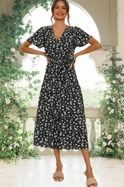Wrap Dresses*FS Collection White Floral Print Hem Tiered Wrap Midi Dress In Black